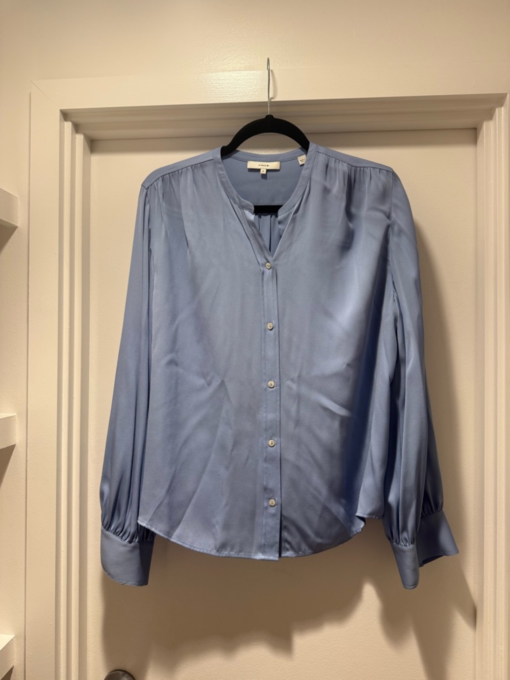 VINCE Light Blue Satin Button-Up Blouse, Size M